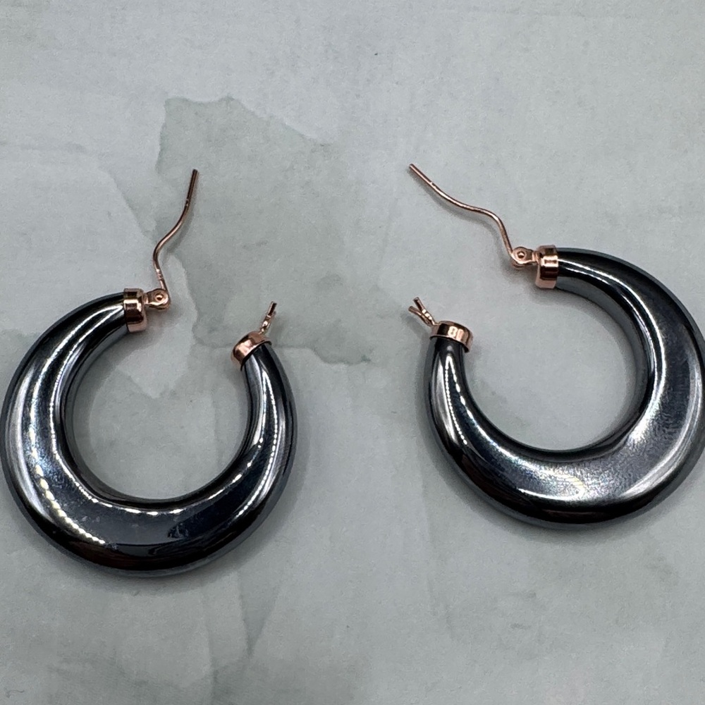 Sleek Gray Terahertz Hoop Earrings with Rose Gold Accents Sterling Silver Post - Picture 2 of 5